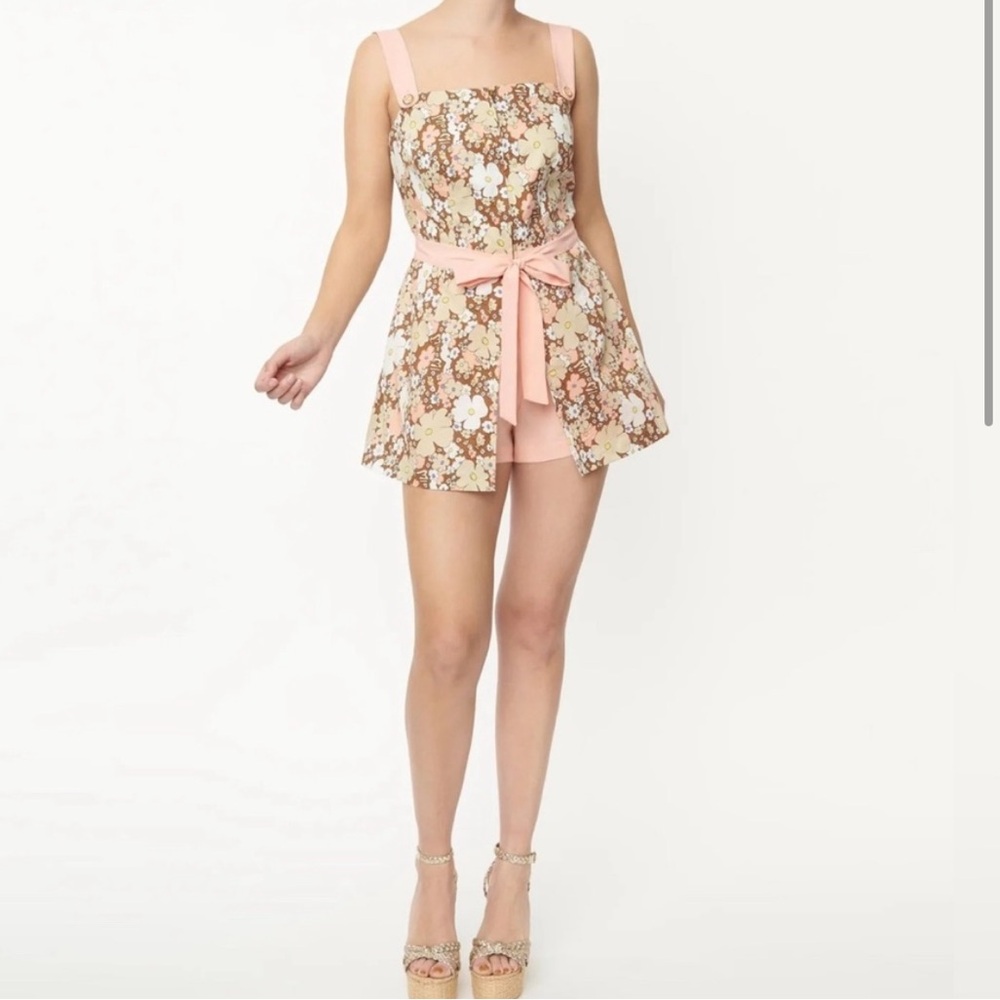 Smak Parlour Pink & Brown Floral Sweet & Sassy Skirted Romper | Size S, Cotton